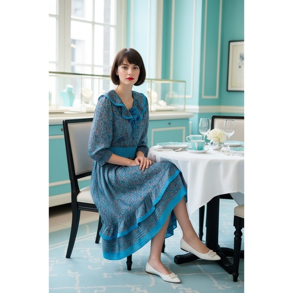 Diane Freis Dresses & Skirts - VTG 1980s Diane Freis Original Georgette Floral Blue Loose Midi Dress Retro
